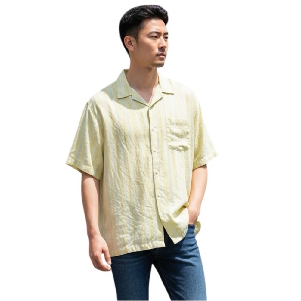 TOMMY BAHAMA 100% silk yellow striped button front mens shirt size M